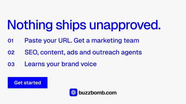 Landscape graphic for BuzzBomb: "Nothing ships unapproved." Swiss style, numbered layout, light palette in white, blue.