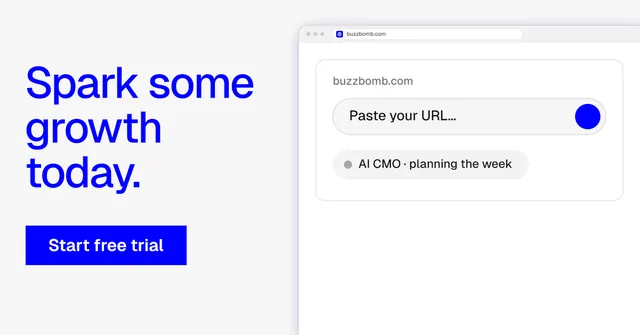 Social ad for BuzzBomb: "Spark some growth today." Swiss style, browser layout, light palette in white, blue.