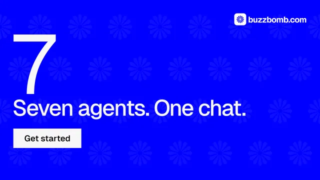 Landscape graphic for BuzzBomb: "Your AI marketing team." Split block style, stat layout, dark palette in blue.
