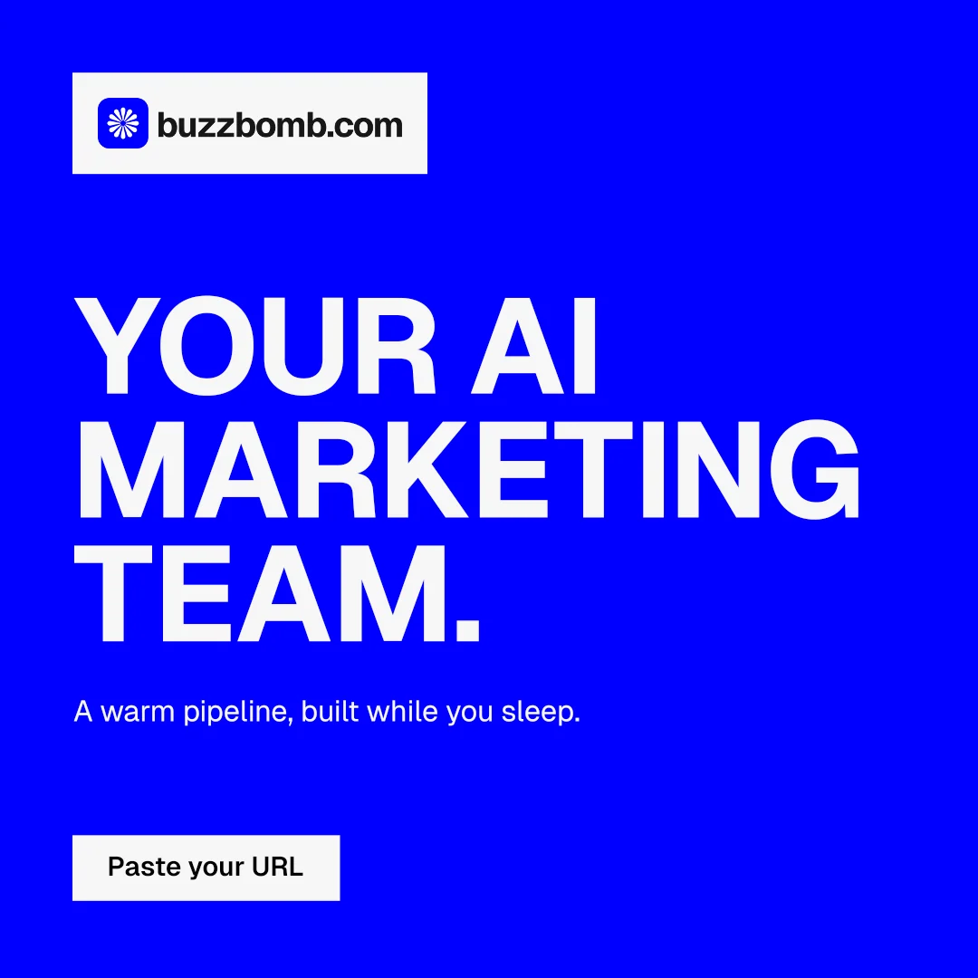 Instagram post for BuzzBomb: "Your AI marketing team." Swiss style, announce layout, dark palette in blue, white.