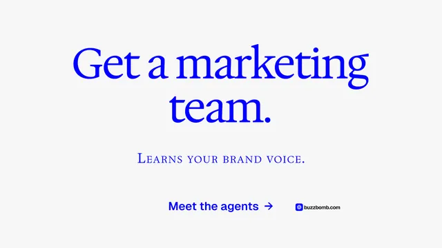 Landscape graphic for BuzzBomb: "Get a marketing team." Swiss style, smallcaps layout, light palette in white.