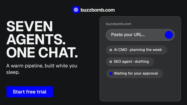 Landscape graphic for BuzzBomb: "Seven agents. One chat." Brutalist style, bottom layout, dark palette in black, grey.