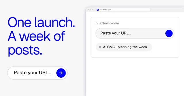Social ad for BuzzBomb: "One launch. A week of posts." Agentic glass style, browser layout, light palette in white, blue.