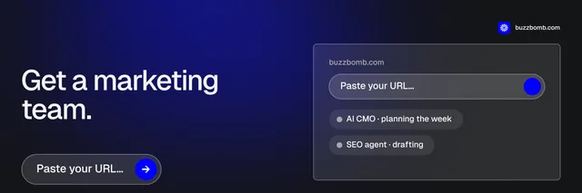X header for BuzzBomb: "Get a marketing team." Agentic glass style, bottom layout, dark palette in black, blue, grey.