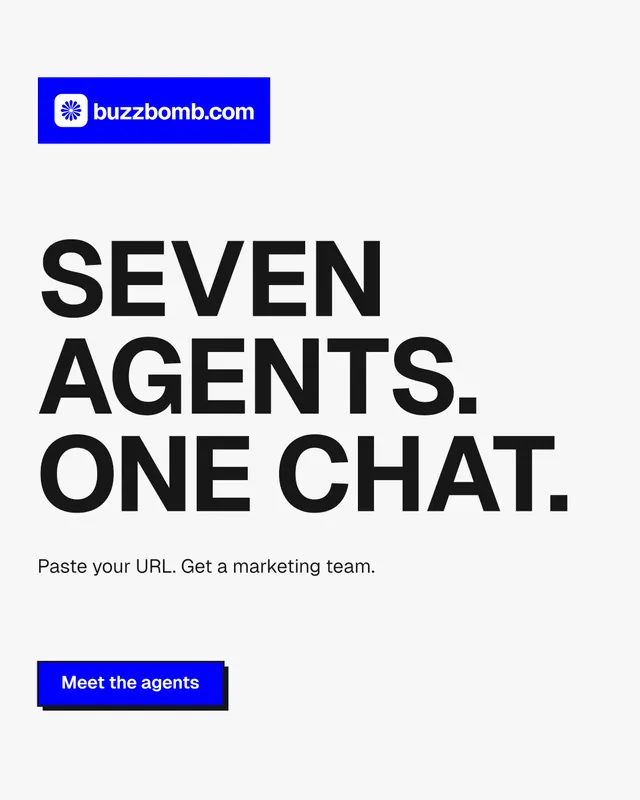 Instagram portrait post for BuzzBomb: "Seven agents. One chat." Brutalist style, announce layout, light palette in white, blue, grey.