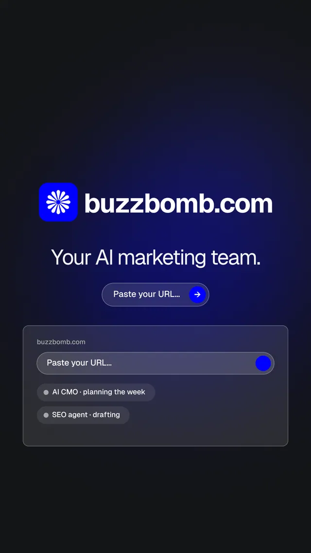 Instagram story for BuzzBomb: "Your AI marketing team." Agentic glass style, logo hero layout, dark palette in black, blue.