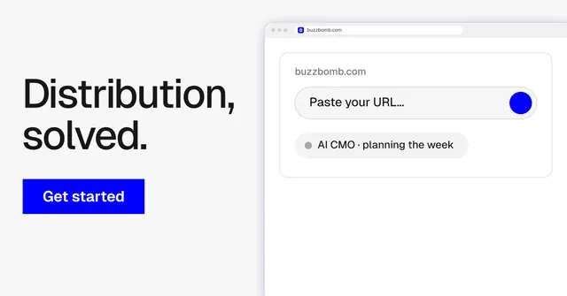 Social ad for BuzzBomb: "Distribution, solved." Swiss style, browser layout, light palette in white, blue.