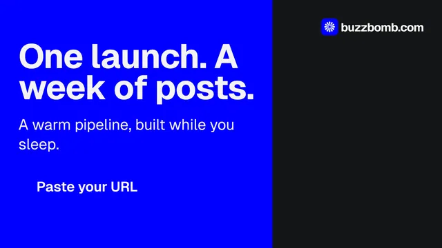 Landscape graphic for BuzzBomb: "One launch. A week of posts." Split block style, skeleton layout, dark palette in blue, black.