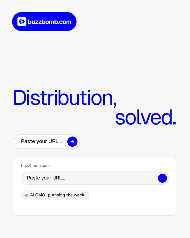 Instagram portrait post for BuzzBomb: "Distribution, solved." Agentic glass style, stacked layout, light palette in white, blue.