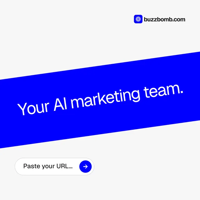 Instagram post for BuzzBomb: "Your AI marketing team." Agentic glass style, diagonal layout, light palette in white, blue.