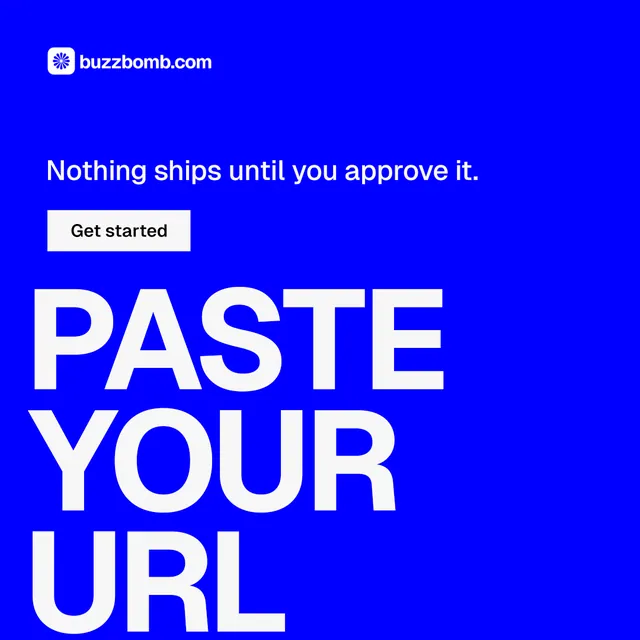 Instagram post for BuzzBomb: "Paste your URL." Swiss style, oversized layout, dark palette in blue, white.