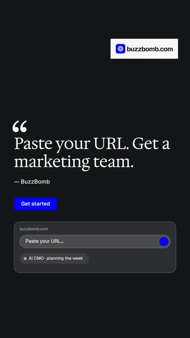 Instagram story for BuzzBomb: "One launch. A week of posts." Split block style, quote layout, dark palette in black, grey.