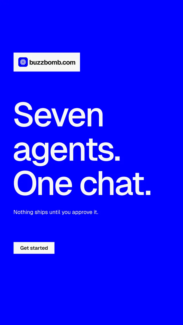 Instagram story for BuzzBomb: "Seven agents. One chat." Swiss style, announce layout, dark palette in blue.