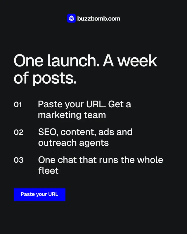 Instagram portrait post for BuzzBomb: "One launch. A week of posts." Split block style, numbered layout, dark palette in black, grey.