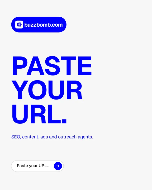Instagram portrait post for BuzzBomb: "Paste your URL." Agentic glass style, announce layout, light palette in white, blue.