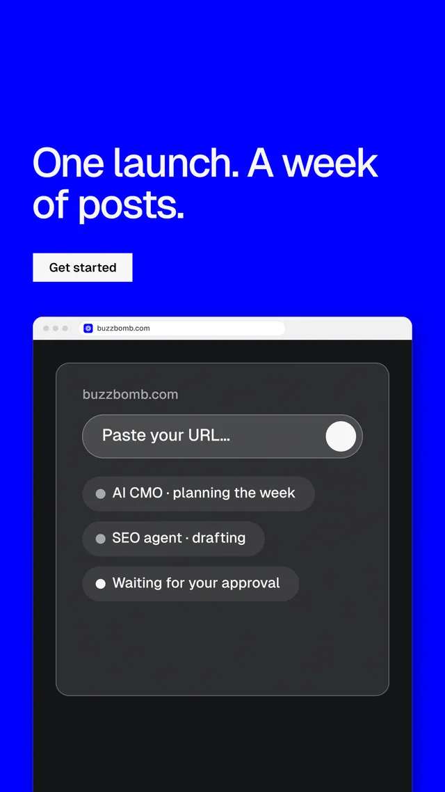 Instagram story for BuzzBomb: "One launch. A week of posts." Split block style, browser layout, dark palette in blue, grey.