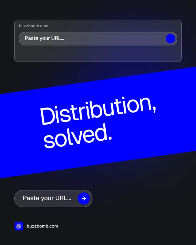 Instagram portrait post for BuzzBomb: "Distribution, solved." Agentic glass style, diagonal layout, dark palette in black, blue.