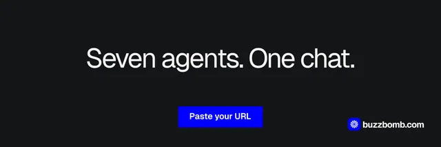 X header for BuzzBomb: "Seven agents. One chat." Swiss style, centred layout, dark palette in black, grey.
