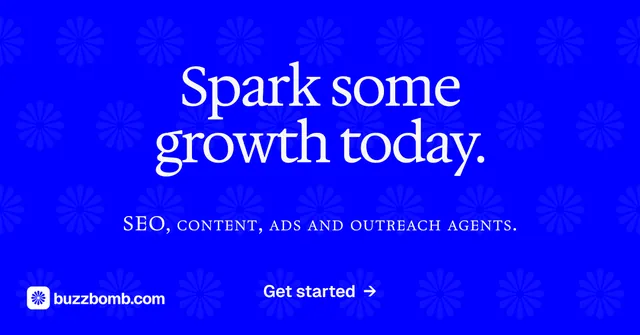 Social ad for BuzzBomb: "Spark some growth today." Split block style, smallcaps layout, dark palette in blue.