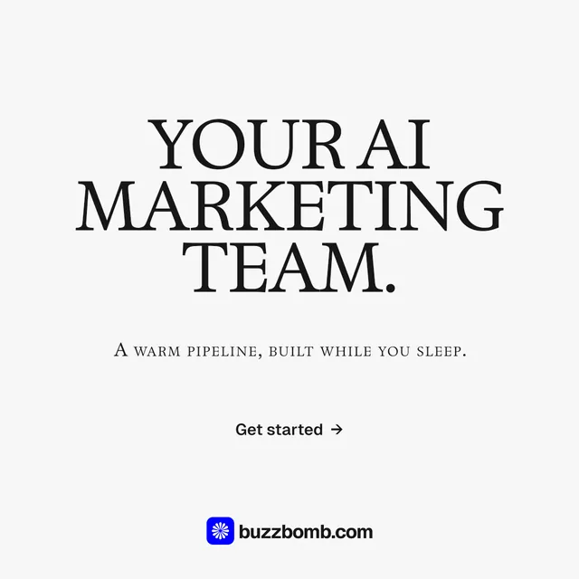 Instagram post for BuzzBomb: "Your AI marketing team." Brutalist style, smallcaps layout, light palette in white, grey.