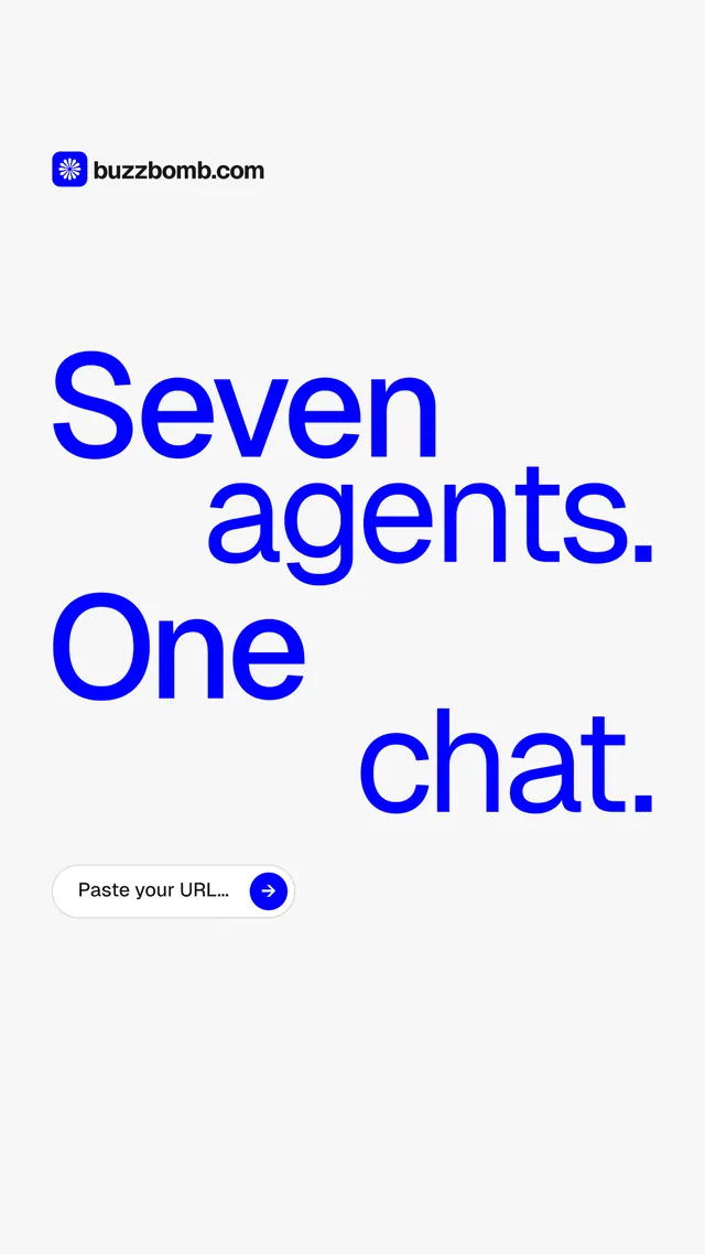 Instagram story for BuzzBomb: "Seven agents. One chat." Agentic glass style, stacked layout, light palette in white, blue.