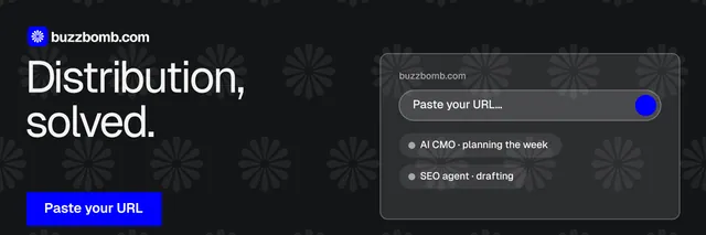 X header for BuzzBomb: "Distribution, solved." Split block style, bottom layout, dark palette in black, grey.