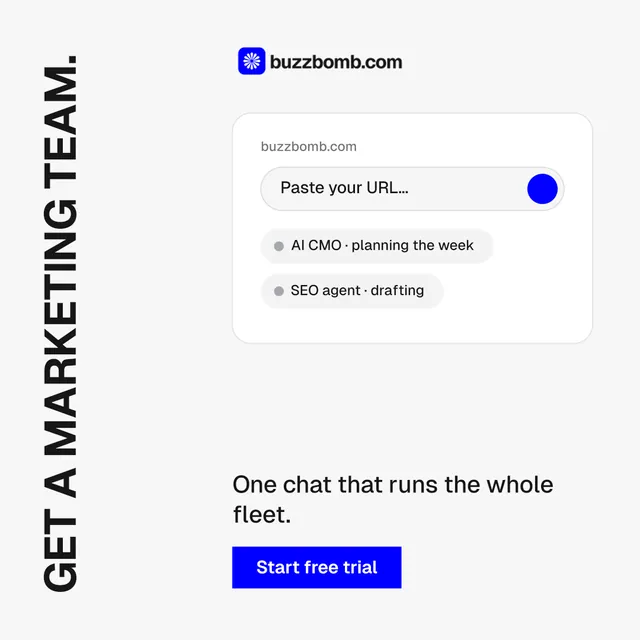 Instagram post for BuzzBomb: "Get a marketing team." Swiss style, vertical layout, light palette in white, blue.
