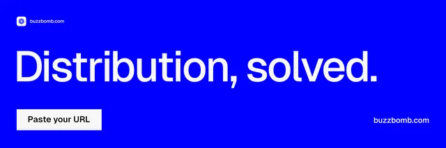 X header for BuzzBomb: "Distribution, solved." Swiss style, poster layout, dark palette in blue.