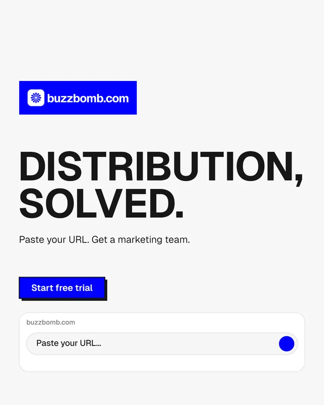 Instagram portrait post for BuzzBomb: "Distribution, solved." Brutalist style, announce layout, light palette in white, blue.