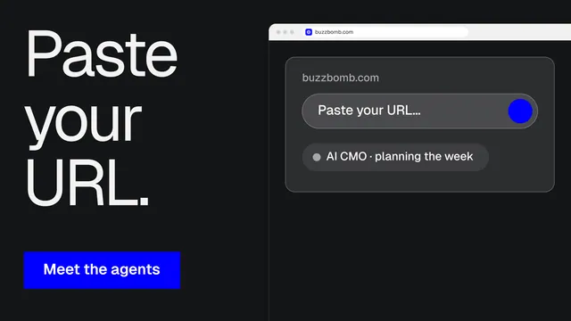 Landscape graphic for BuzzBomb: "Paste your URL." Split block style, browser layout, dark palette in black, grey.
