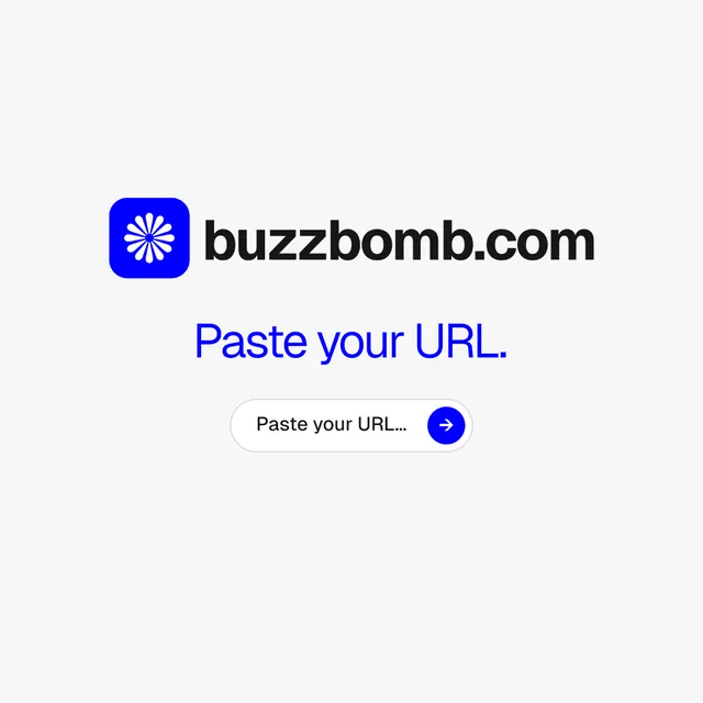 Instagram post for BuzzBomb: "Paste your URL." Agentic glass style, logo hero layout, light palette in white.