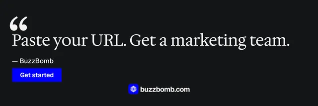 X header for BuzzBomb: "Spark some growth today." Brutalist style, quote layout, dark palette in black, grey.