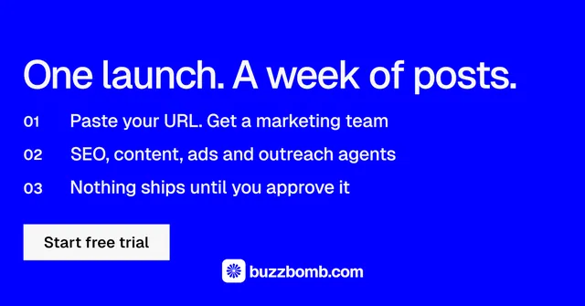Social ad for BuzzBomb: "One launch. A week of posts." Split block style, numbered layout, dark palette in blue.