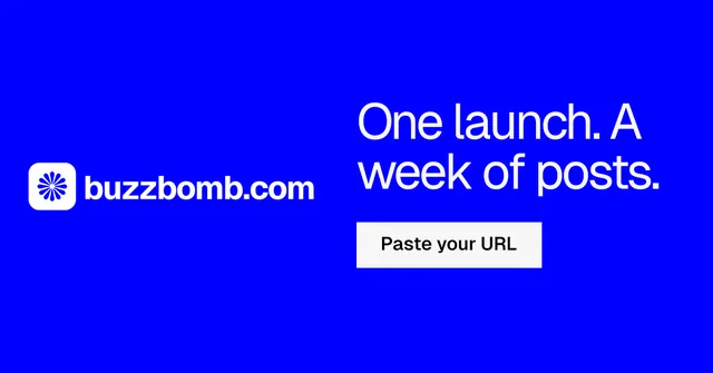 Social ad for BuzzBomb: "One launch. A week of posts." Split block style, logo hero layout, dark palette in blue.
