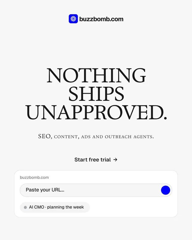 Instagram portrait post for BuzzBomb: "Nothing ships unapproved." Swiss style, smallcaps layout, light palette in white, grey.