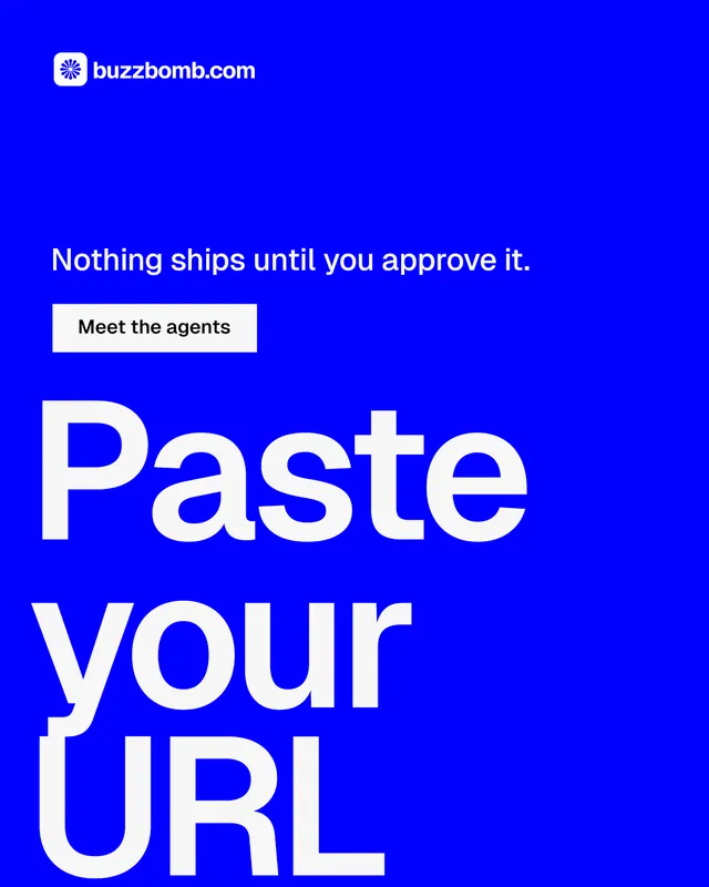 Instagram portrait post for BuzzBomb: "Your AI marketing team." Split block style, oversized layout, dark palette in blue, white.