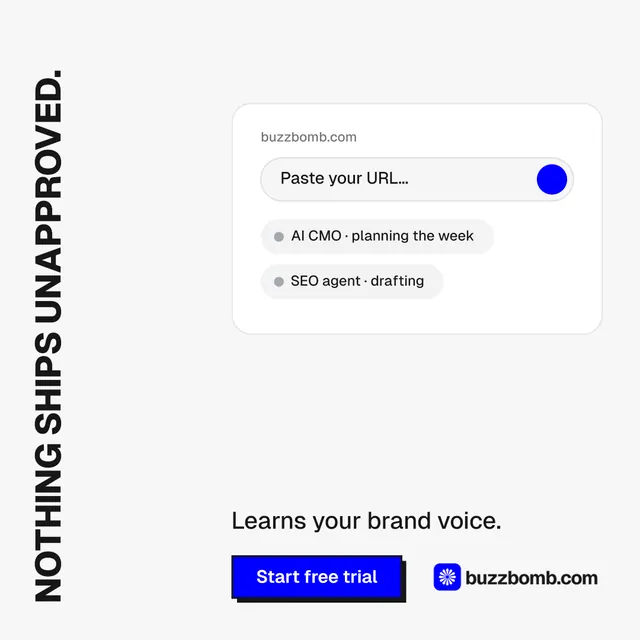 Instagram post for BuzzBomb: "Nothing ships unapproved." Brutalist style, vertical layout, light palette in white, blue.
