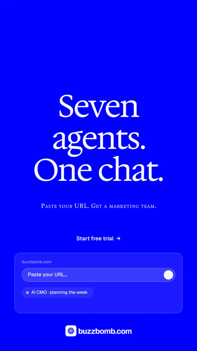 Instagram story for BuzzBomb: "Seven agents. One chat." Swiss style, smallcaps layout, dark palette in blue.