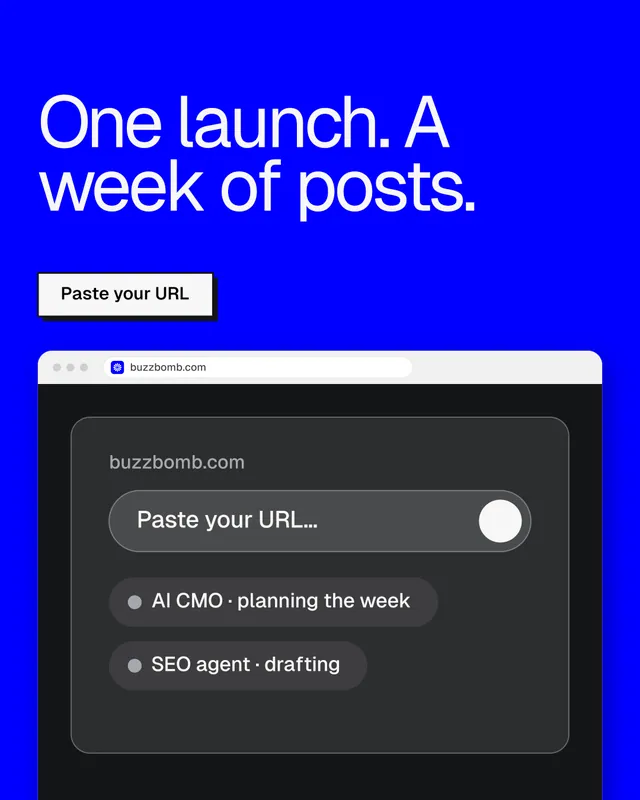 Instagram portrait post for BuzzBomb: "One launch. A week of posts." Brutalist style, browser layout, dark palette in black, blue, grey.