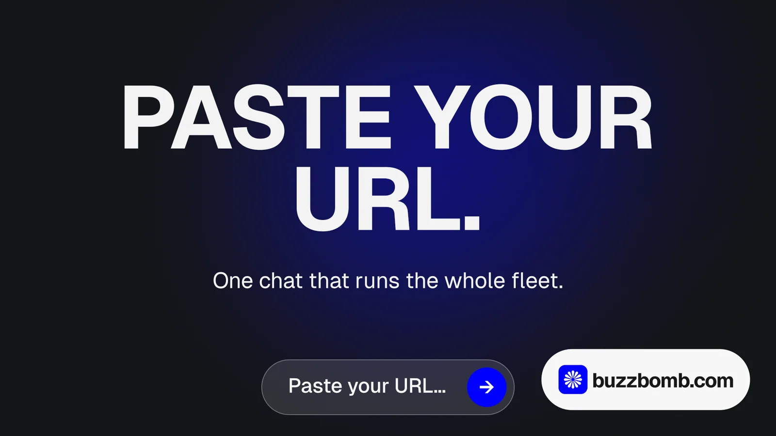 Landscape graphic for BuzzBomb: "Paste your URL." Agentic glass style, centred layout, dark palette in black, blue, grey.