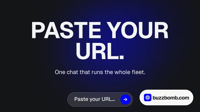 Landscape graphic for BuzzBomb: "Paste your URL." Agentic glass style, centred layout, dark palette in black, blue, grey.