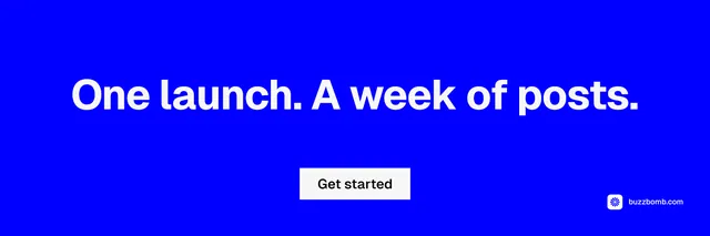 X header for BuzzBomb: "One launch. A week of posts." Split block style, centred layout, dark palette in blue.