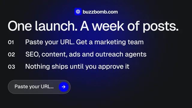 Landscape graphic for BuzzBomb: "One launch. A week of posts." Agentic glass style, numbered layout, dark palette in black, blue.