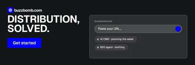 X header for BuzzBomb: "Distribution, solved." Swiss style, skeleton layout, dark palette in black, grey.