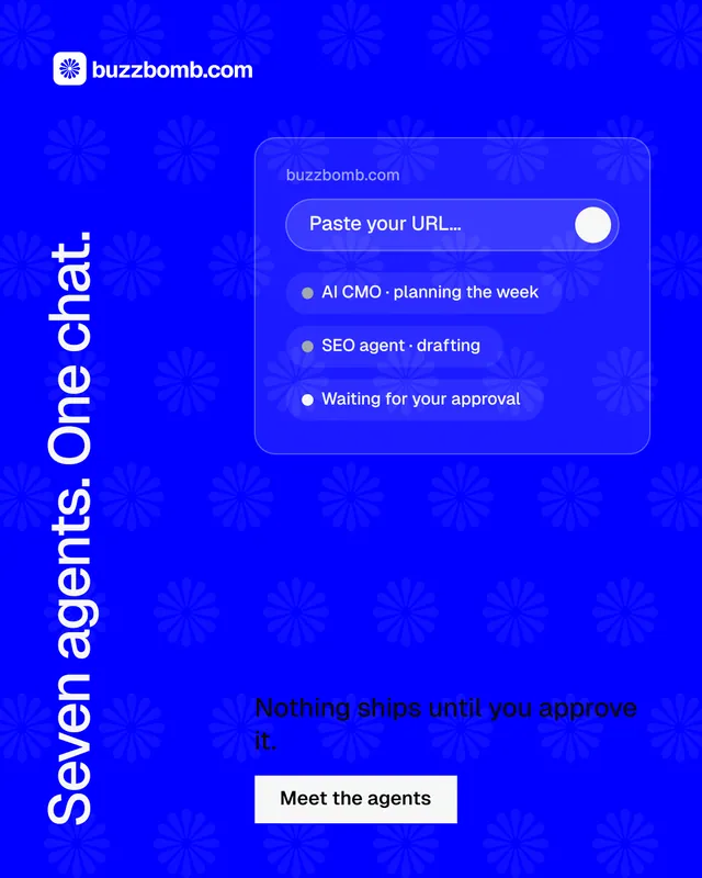 Instagram portrait post for BuzzBomb: "Seven agents. One chat." Split block style, vertical layout, dark palette in blue.