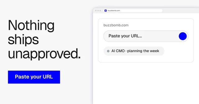 Social ad for BuzzBomb: "Nothing ships unapproved." Swiss style, browser layout, light palette in white, blue.