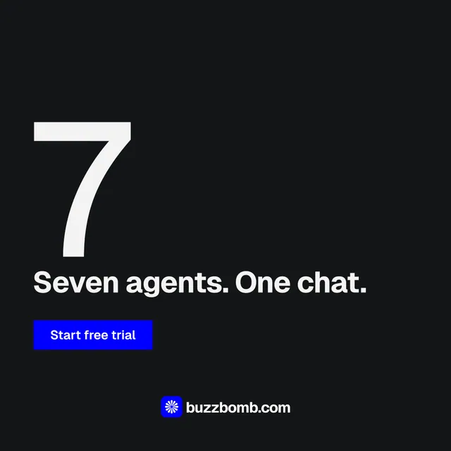 Instagram post for BuzzBomb: "Paste your URL." Split block style, stat layout, dark palette in black, grey.