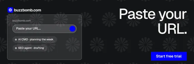 X header for BuzzBomb: "Paste your URL." Split block style, right layout, dark palette in black, grey.