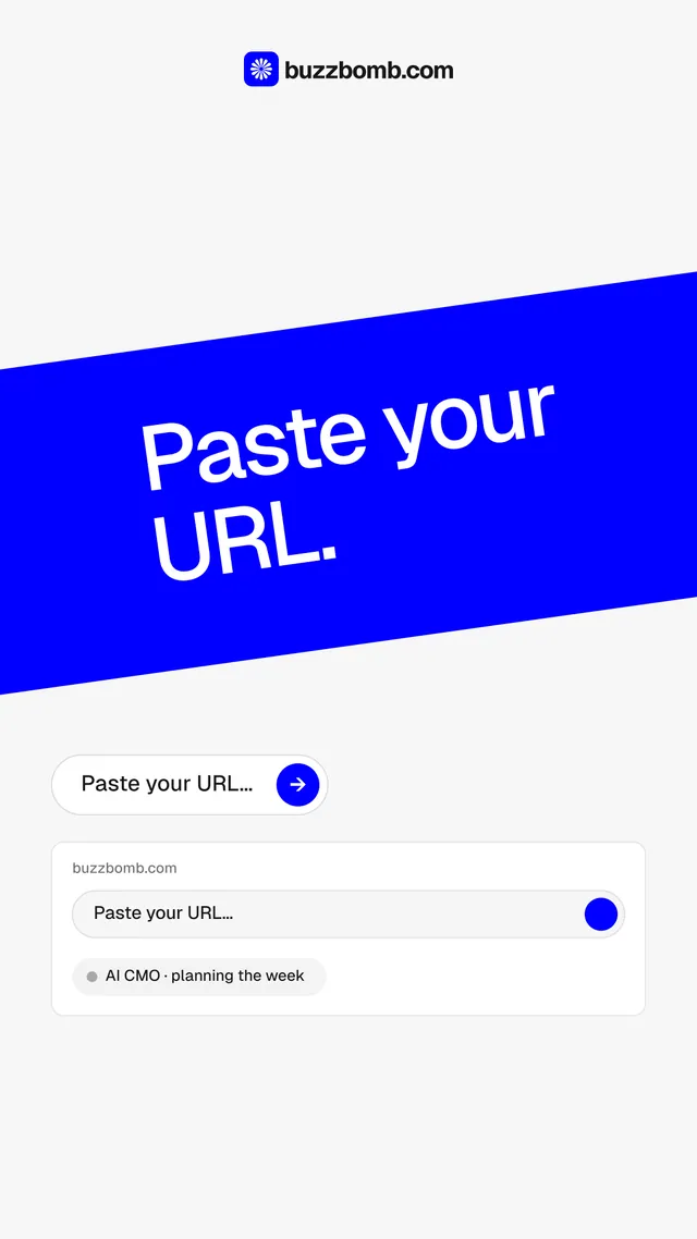 Instagram story for BuzzBomb: "Paste your URL." Agentic glass style, diagonal layout, light palette in white, blue.