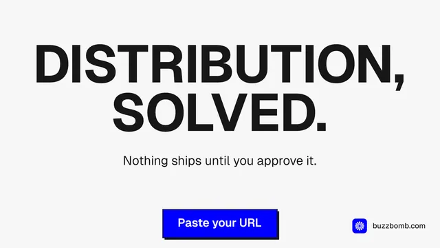 Landscape graphic for BuzzBomb: "Distribution, solved." Brutalist style, centred layout, light palette in white, blue, grey.